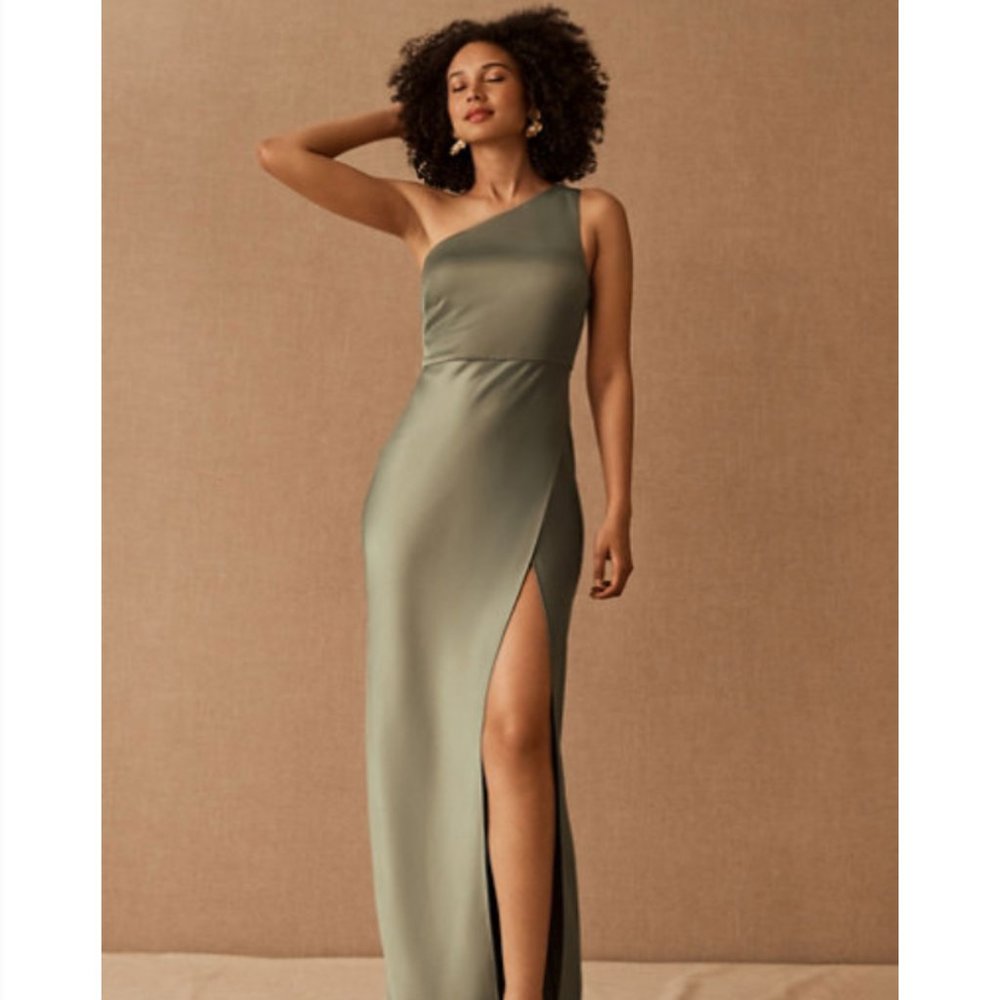 BHLDN Moss Green Satin Charmeuse Maxi Dress, size 14